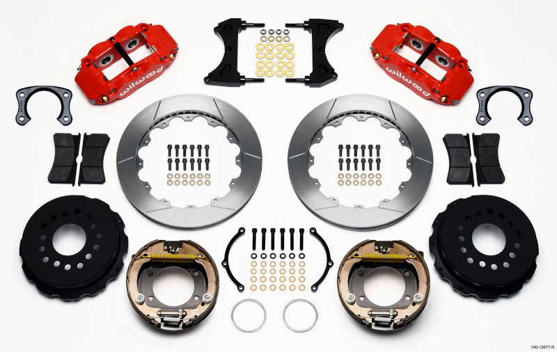 Wilwood 140-9223-DR Wilwood Narrow Superlite 4R Rear P-Brk Kit 12.88in Drilled Red Ford 8.8 w/2.5in Offset-5 Lug main image 0