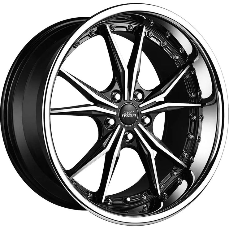 Vertini Dark Knight 20x8.5 +35 Wheel Set | Black with Machined Spoke Accents and a Chrome Stainless Steel Lip